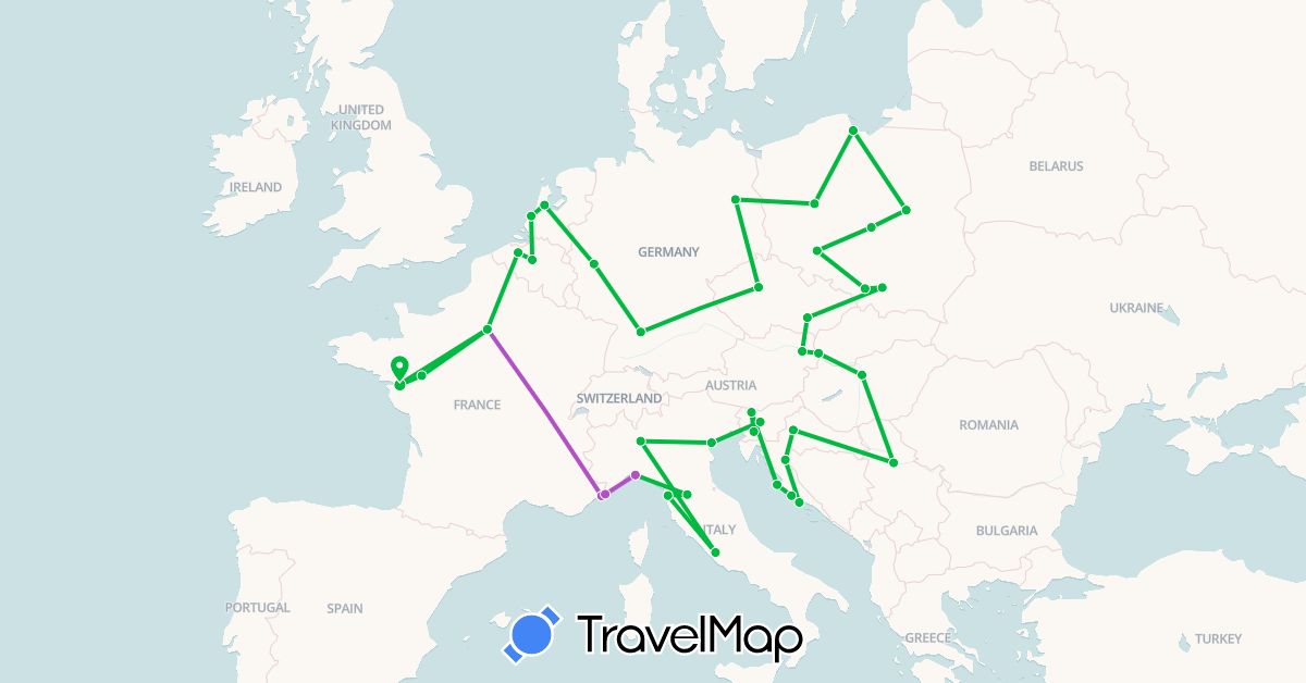 TravelMap itinerary: driving, bus, train in Austria, Belgium, Czech Republic, Germany, France, Croatia, Hungary, Italy, Monaco, Netherlands, Poland, Serbia, Slovenia, Slovakia (Europe)